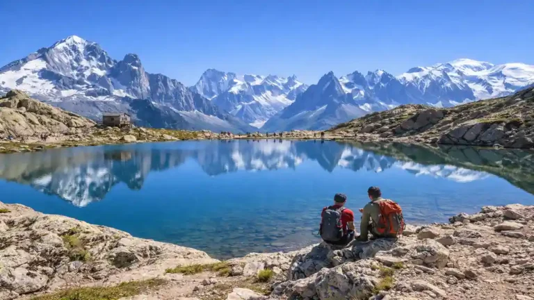 Lac Blanc à Chamonix avec reflet du massif du Mont-Blanc dans l’eau, randonneurs au bord du lac et sommets enneigés en arrière-plan.
