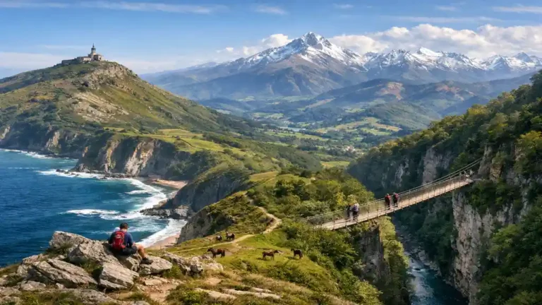 vue panoramique des falaises de la côte basque, collines verdoyantes et sommets des Pyrénées lors d’une randonnée au Pays basque