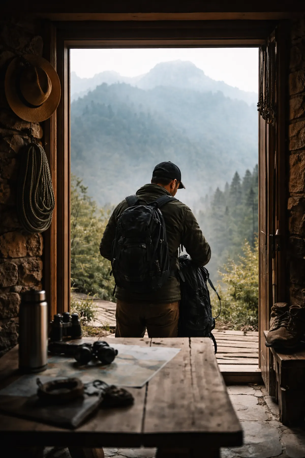 Randonneur préparant et rangeant son équipement sur une table avant de partir en randonnée, vue depuis une cabane ouverte sur les montagnes.