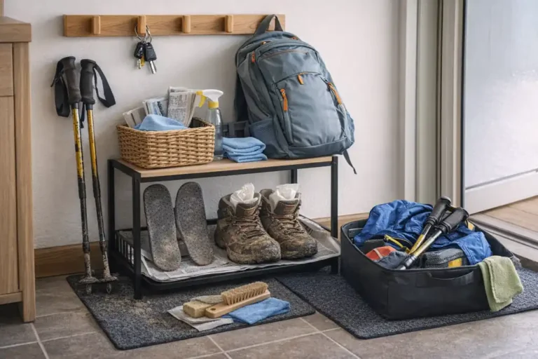 Coin retour de randonnée dans une entrée de maison avec chaussures de rando boueuses en séchage, sac à dos, bâtons de marche et matériel de nettoyage