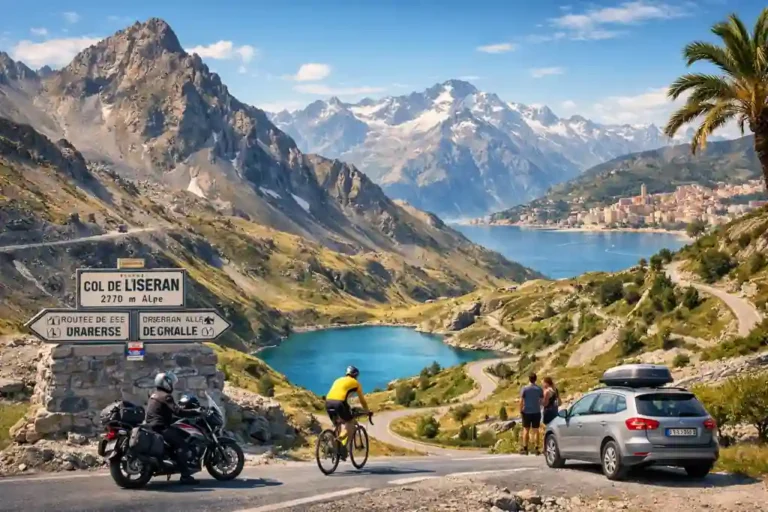 Route des Grandes Alpes avec route sinueuse de haute montagne, panorama sur les sommets alpins et descente vers la Méditerranée près de Menton.