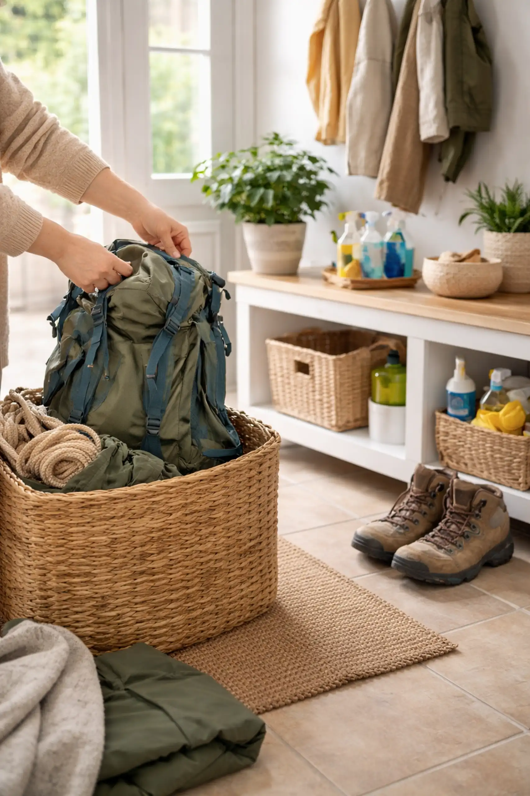 Entrée de maison lumineuse où l’on range un sac de randonnée dans un panier, avec chaussures de marche et rangement organisé, illustrant la routine simple au retour d’une sortie nature.