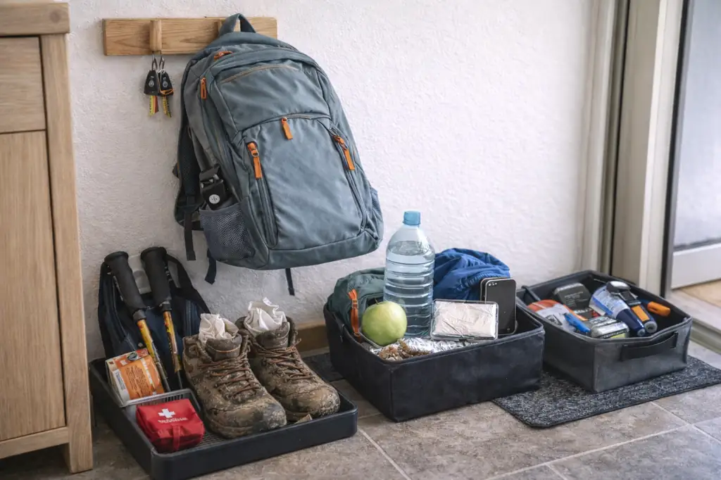 Coin rangement de randonnée près de l’entrée avec sac à dos suspendu, chaussures de rando, bâtons de marche et matériel prêt pour une sortie.