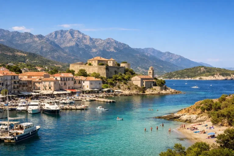 vue panoramique du port de saint florent en corse avec citadelle genoise mer turquoise et montagnes du nebbiu en arrière plan