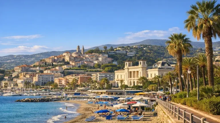 vue de sanremo italie avec plage mediterranee promenade bord de mer palmiers et vieille ville ligure en arriere plan
