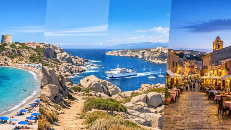 vue de santa teresa gallura en sardaigne avec plage turquoise rochers de capo testa ferry vers bonifacio et centre historique animé