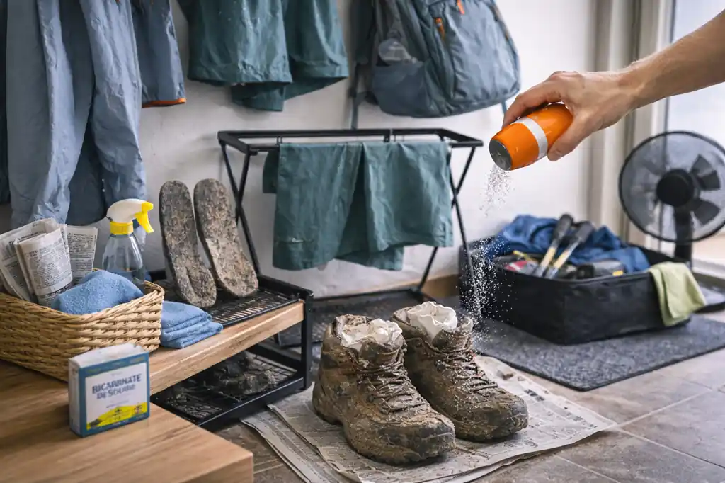 Chaussures de randonnée boueuses en train de sécher avec papier journal et bicarbonate dans un coin séchage à la maison après une sortie sous la pluie.
