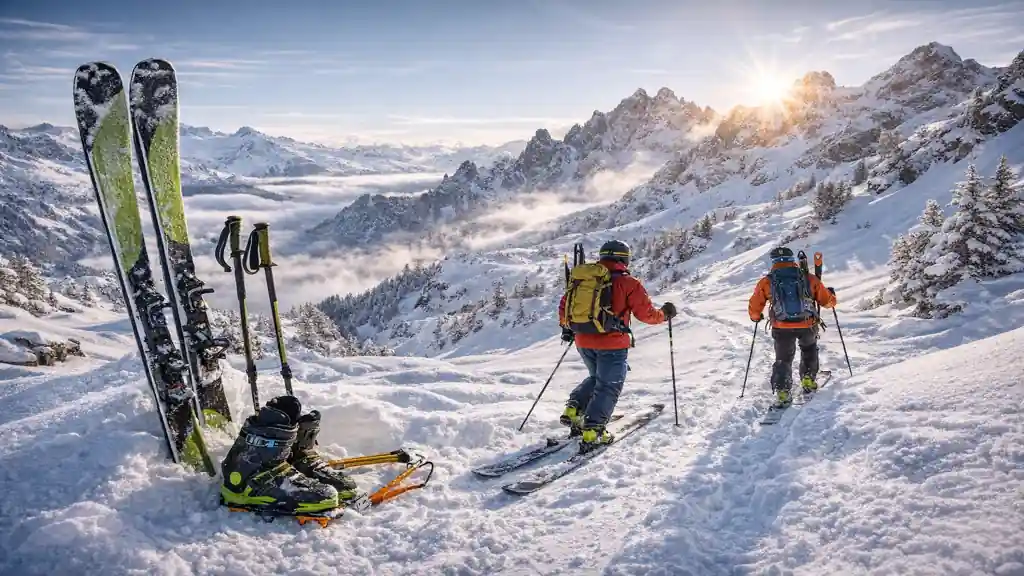 Skieurs en ski de randonnée montant une pente enneigée en haute montagne avec skis, peaux de phoque et équipement d’alpinisme sous un soleil hivernal.