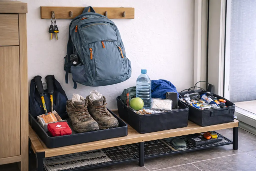 Station de préparation randonnée à l’entrée d’une maison avec sac à dos suspendu, chaussures de marche, bâtons de randonnée et boîtes de matériel prêtes pour partir en randonnée.
