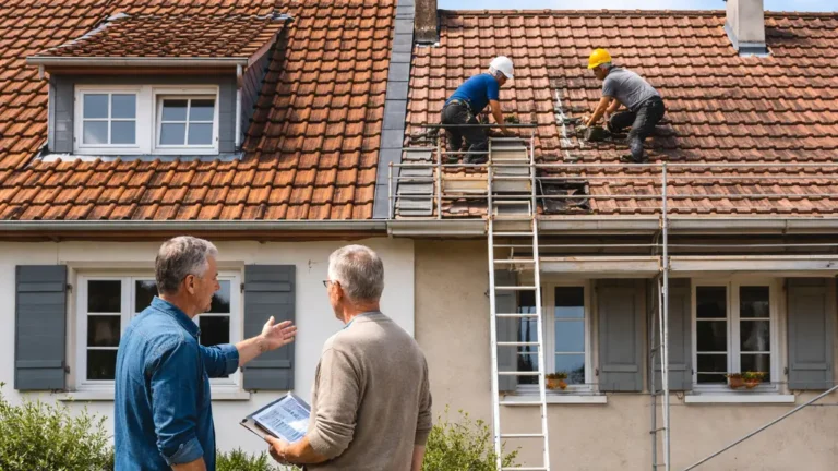 Travaux sur une toiture commune entre deux maisons mitoyennes avec couvreurs sur échafaudage et voisins discutant du chantier