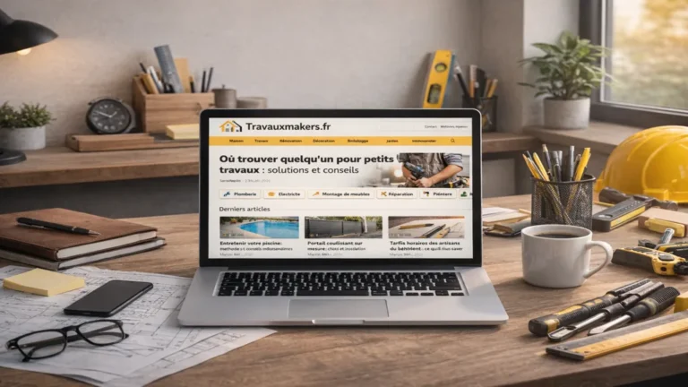 Ordinateur affichant Travauxmakers.fr avec article sur les petits travaux à domicile, posé sur un bureau avec outils de bricolage et plans de rénovation