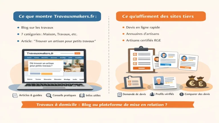 Illustration comparative de Travauxmakers.fr montrant un site de conseils travaux sur ordinateur face à des fonctionnalités de devis et mise en relation évoquées par des sources tierces