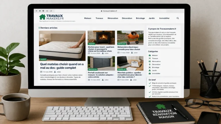 Ordinateur affichant le site Travauxmakers.fr avec articles sur travaux, rénovation et amélioration de la maison dans un espace de bureau moderne