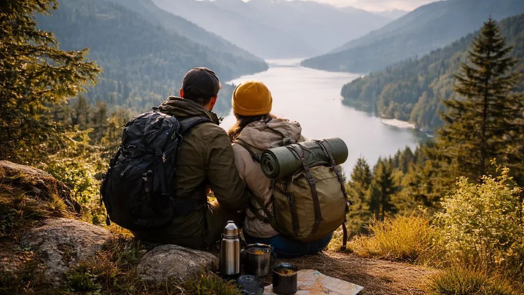 Couple de randonneurs assis face à un lac de montagne au coucher du soleil, sacs à dos et matériel de bivouac posés au sol, ambiance voyage et nature