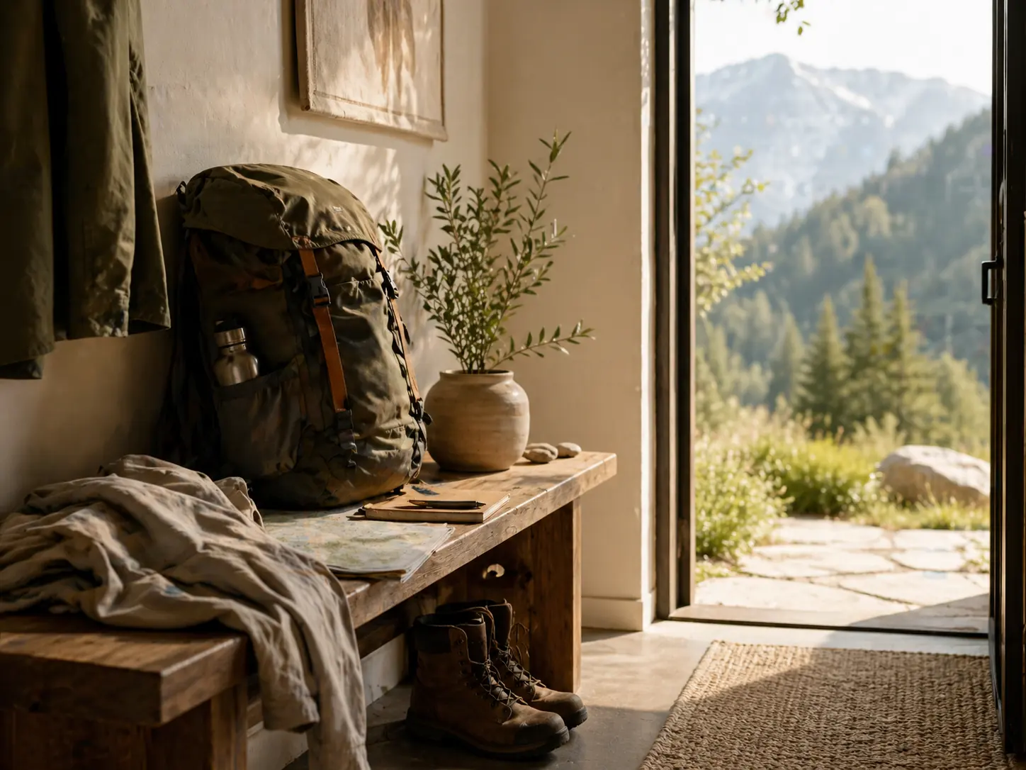 Entrée de maison chaleureuse avec sac à dos, chaussures de randonnée et carte posés près d’une porte ouverte sur un paysage de montagne.