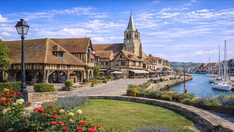 centre historique de Dives-sur-Mer en Normandie avec halles médiévales, maisons à colombages et port de plaisance