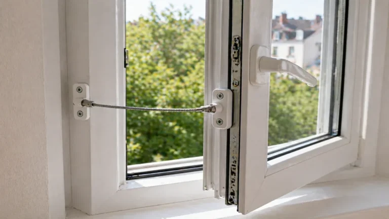 Entrebâilleur de fenêtre installé sur une fenêtre PVC entrouverte pour sécuriser l’aération d’un logement.