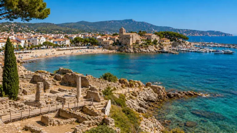 L’Escala sur la Costa Brava avec ruines d’Empúries, plage, port et mer turquoise en Catalogne.