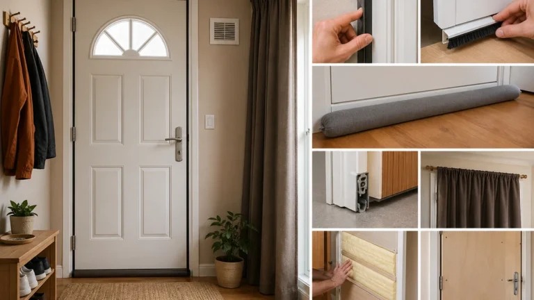 Porte d’entrée isolée avec joints d’étanchéité, bas de porte et rideau thermique pour limiter les courants d’air.
