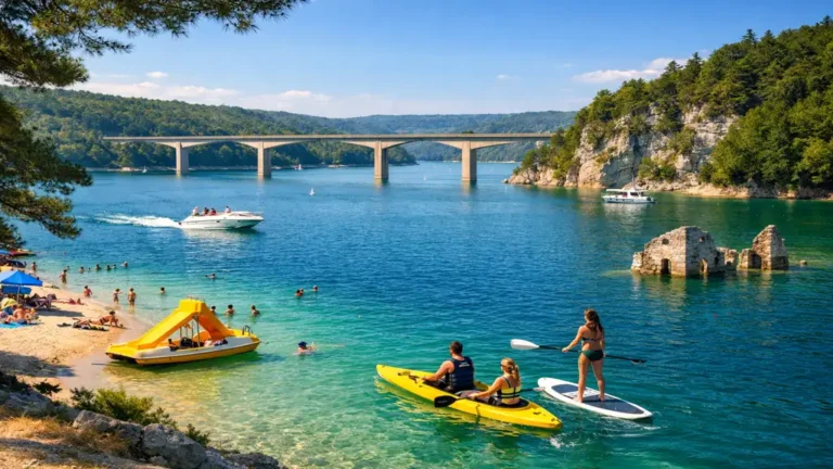 lac de vouglans plage eau turquoise activités nautiques pont de la pyle jura été baignade paysage naturel
