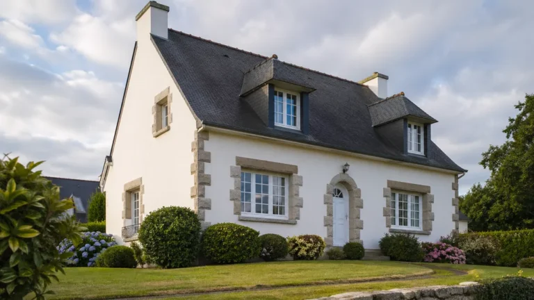 Maison néo-bretonne avec toiture en ardoise, façade blanche et encadrements en granit dans un jardin breton soigné.