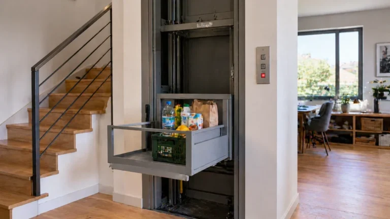 Monte-charge maison installé dans un intérieur moderne pour transporter des courses et objets entre les étages.