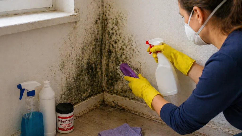 Mur moisi traité par une personne protégée avec gants, masque et produit anti-moisissure dans une pièce humide.
