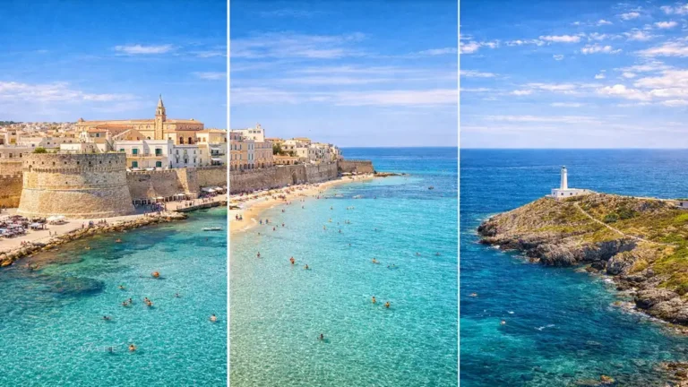 vue d’Otranto dans les Pouilles avec vieille ville fortifiée, plage et mer Adriatique sous un ciel bleu