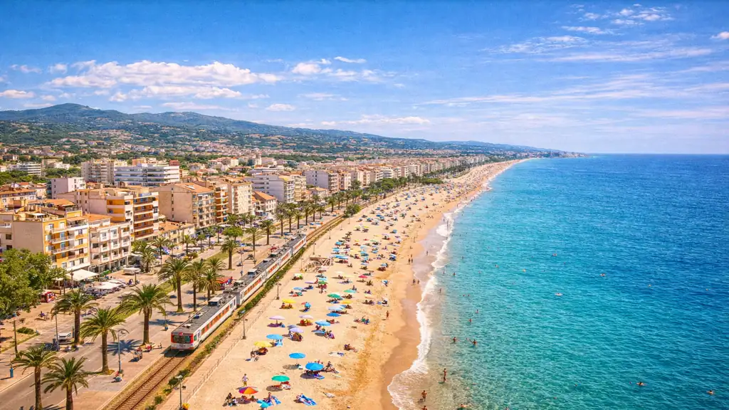 vue de Pineda de Mar sur la côte catalane avec grande plage, promenade bord de mer et ville en arrière-plan sous le soleil