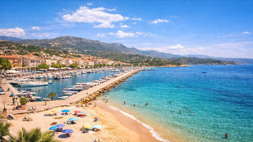 vue de Propriano en Corse du Sud avec port, plage et golfe du Valinco sous un ciel ensoleillé