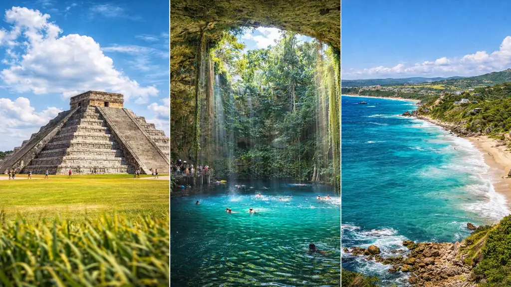 paysages du Mexique avec Chichén Itzá, un cénote et une plage illustrant les meilleures saisons pour voyager entre Yucatán, Riviera Maya et côte Pacifique