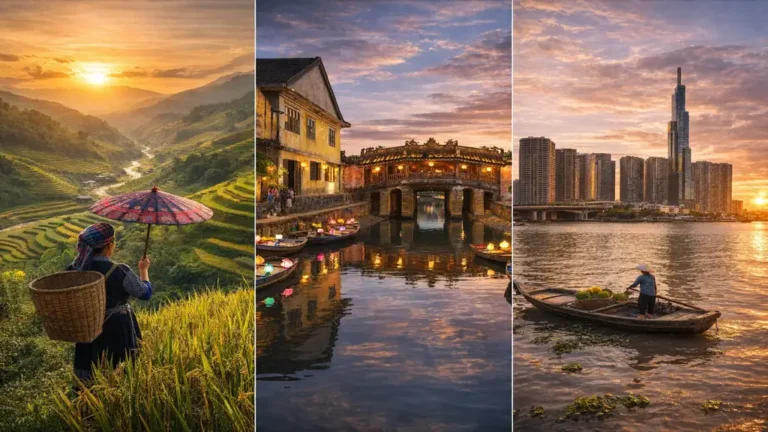 climat au Vietnam avec rizières au nord, lanternes de Hoi An et skyline de Ho Chi Minh illustrant les différentes saisons du pays