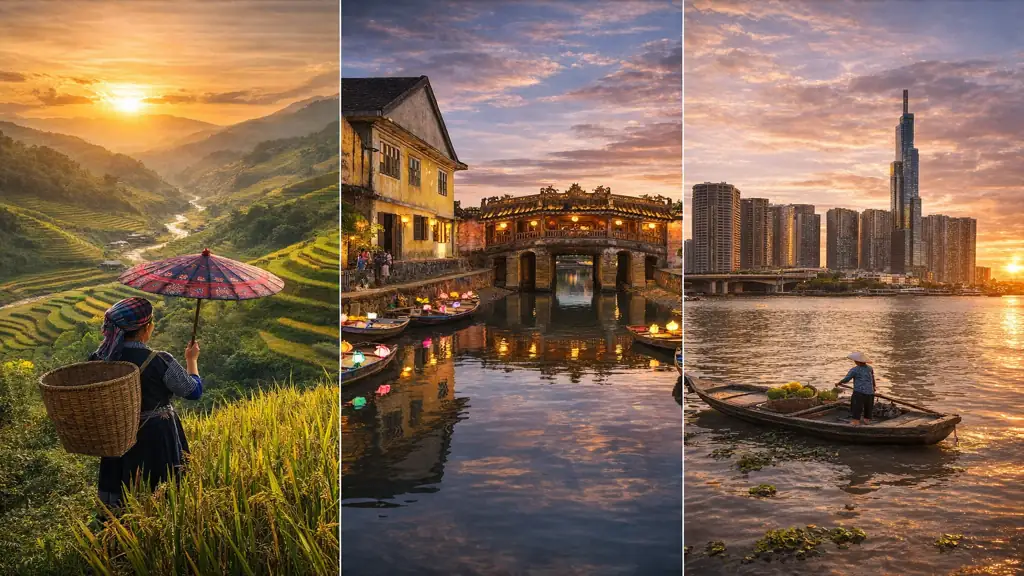 climat au Vietnam avec rizières au nord, lanternes de Hoi An et skyline de Ho Chi Minh illustrant les différentes saisons du pays