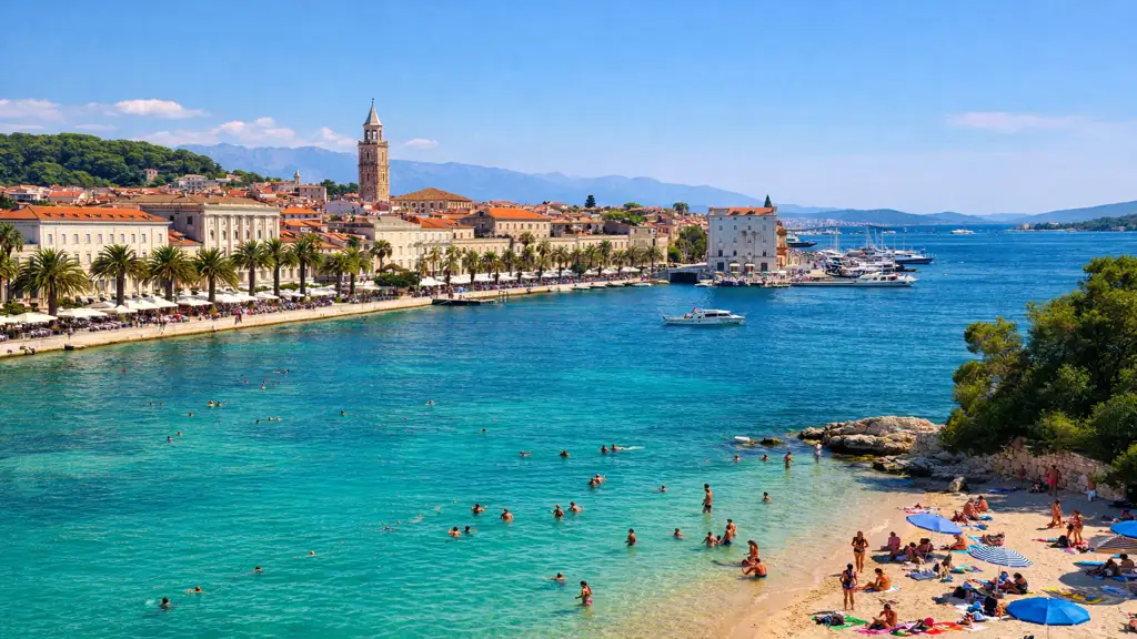split croatie vieille ville palais diocletien plage mer turquoise riva panorama marjan été tourisme