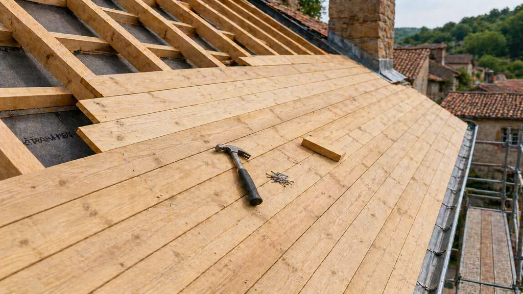 Volige de toiture en bois posée sur une charpente avec outils de couvreur pendant un chantier de rénovation.