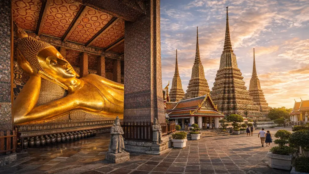wat pho bangkok bouddha couché temple phra chetuphon thaïlande architecture bouddhiste prangs coucher soleil
