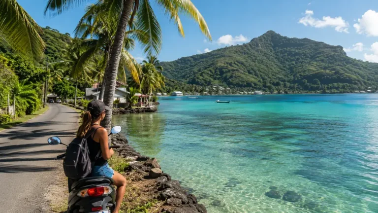 Voyageuse en scooter face au lagon turquoise de Huahine Island en Polynésie française.