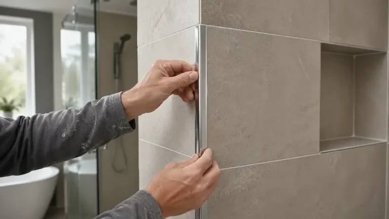 Pose d’une baguette d’angle carrelage métallique sur un angle de mur carrelé dans une salle de bain moderne.
