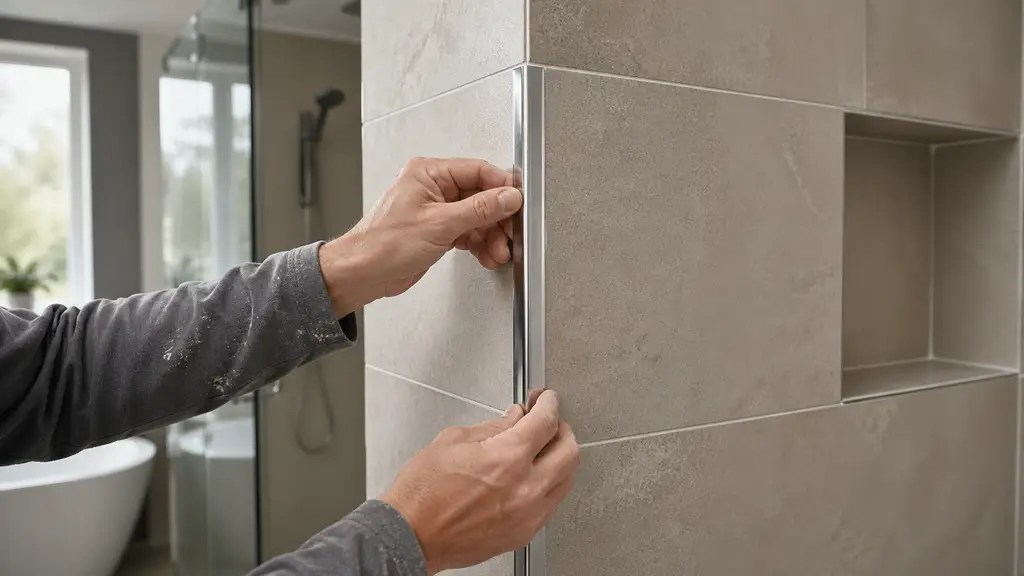 Pose d’une baguette d’angle carrelage métallique sur un angle de mur carrelé dans une salle de bain moderne.