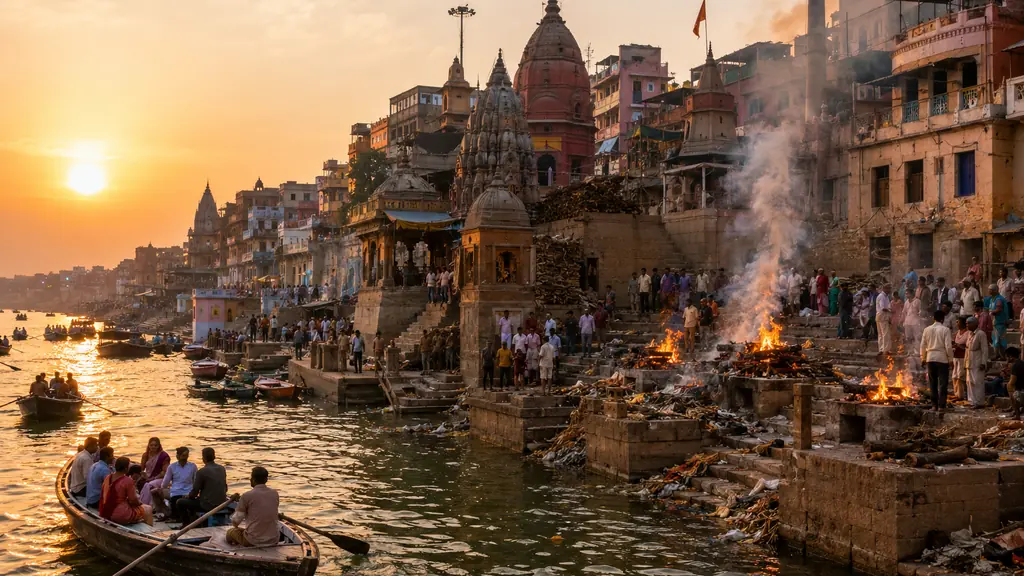 Vue réaliste des ghâts de Bénarès Varanasi au coucher du soleil avec bateaux sur le Gange et temples anciens