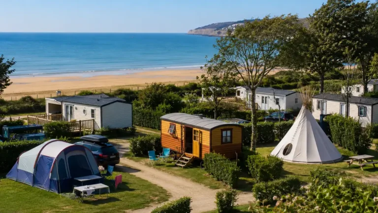 Camping en bord de mer à Houlgate avec mobil-homes, tente et accès direct à la plage en Normandie.