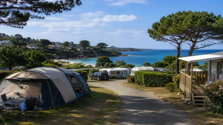 Camping à Saint-Briac-sur-Mer avec tentes, mobil-home, végétation côtière et vue sur la mer en Bretagne.