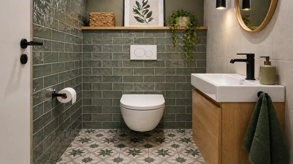 Carrelage de toilette moderne avec faïence murale verte, sol à motifs et WC suspendu dans un petit espace.