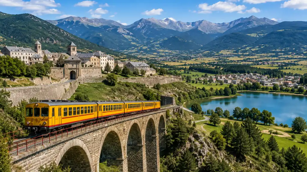 Train Jaune traversant la Cerdagne avec montagnes des Pyrénées catalanes, vallée verdoyante et village fortifié en arrière-plan.