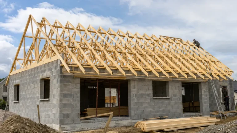 Charpente en fermette en bois posée sur une maison en construction avec structure triangulée préfabriquée.