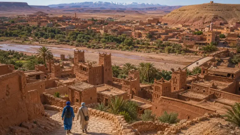 Vue réaliste d’un village fortifié marocain entre désert, palmeraie et montagnes lors d’un circuit Maroc