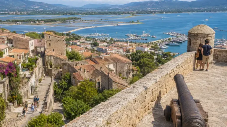 Vue panoramique depuis les remparts de la citadelle de Porto-Vecchio sur le port, les marais salants et la vieille ville corse.