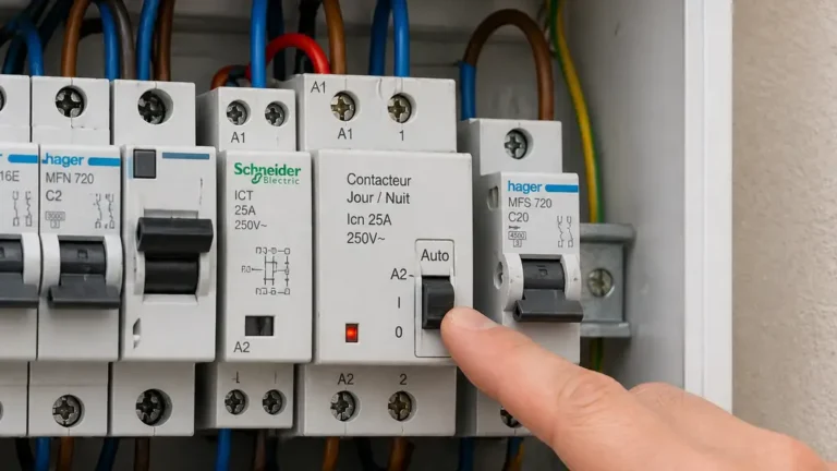 Contacteur jour nuit dans un tableau électrique pour piloter automatiquement un chauffe-eau en heures creuses.