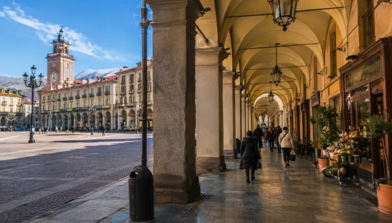 Vue réaliste des arcades et de la Piazza Galimberti à Cuneo dans le Piémont italien avec les Alpes en arrière-plan