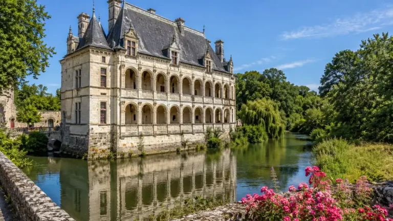 Château Renaissance de Dampierre-sur-Boutonne reflété dans la rivière Boutonne, entouré de verdure en Charente-Maritime.